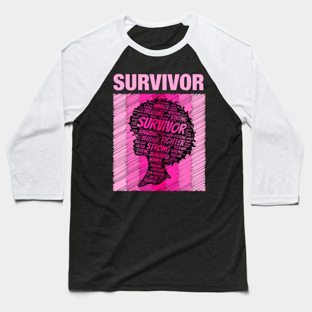 Breast Cancer Survivor African American Woman Pink Afro Baseball T-Shirt by blackartmattersshop